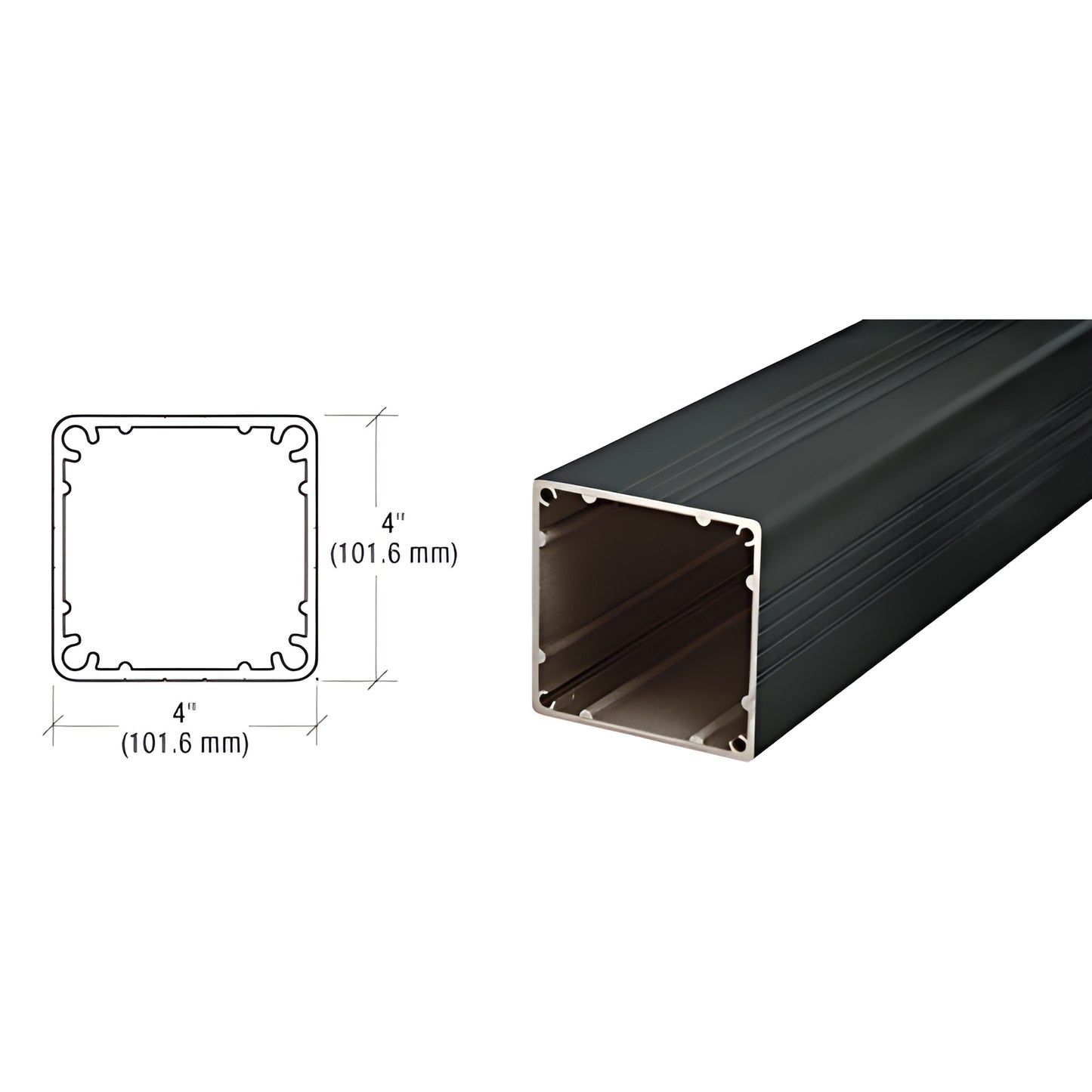 Matte black 4in x 4in aluminum square railing post, hollow profile, 36 in length - SKU 4P36BL