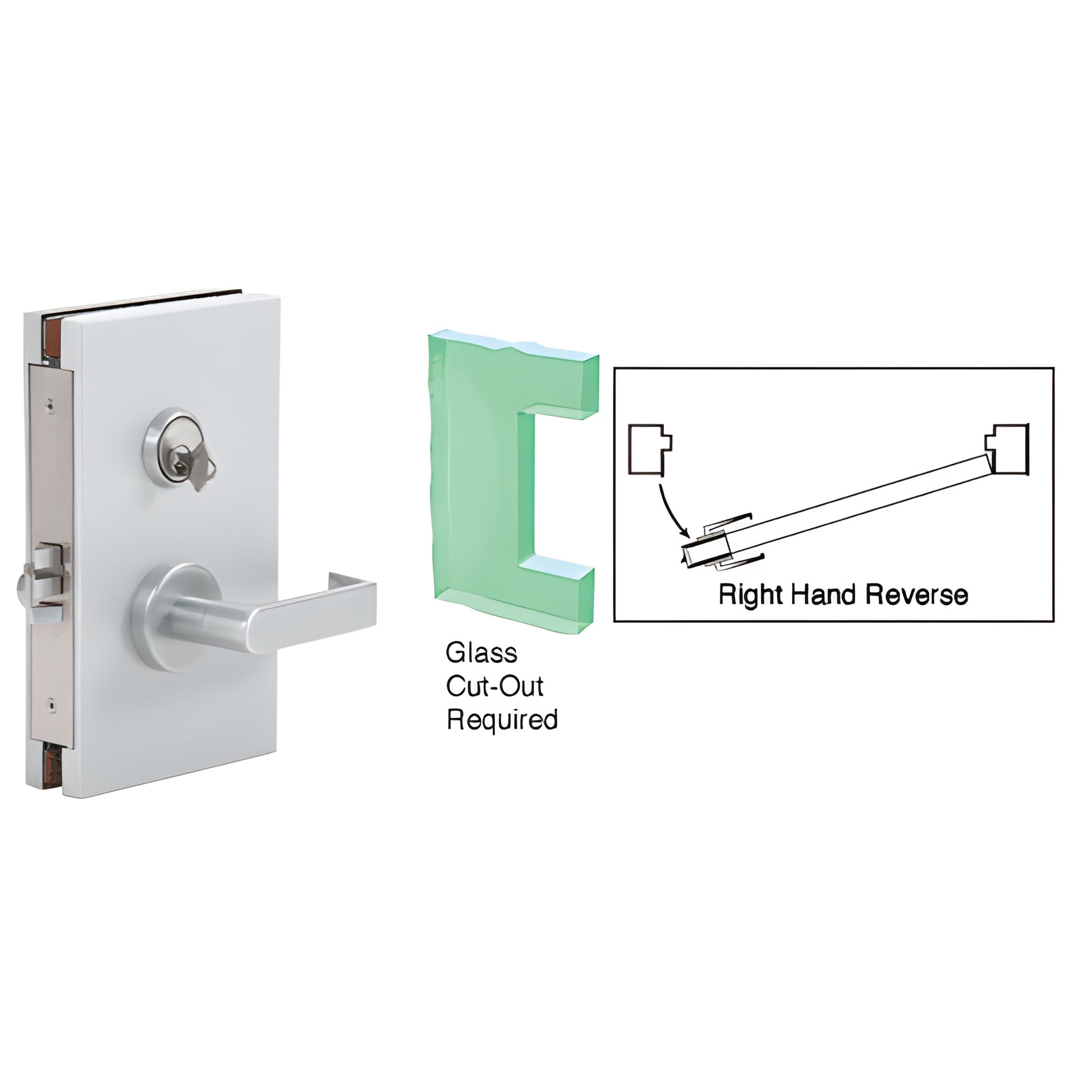 CRL DL611RMSC satin-anodized 6x10 center lock with lever and key cylinder for 1/2 in tempered glass (right-hand shown)