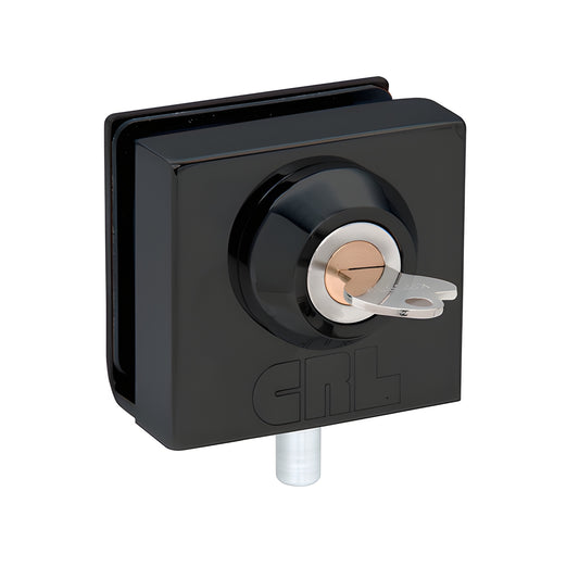 Matte black CRL slip-on cabinet lock (SKU 03P38MBL) with key inserted, fits 3/8" (10 mm) glass.