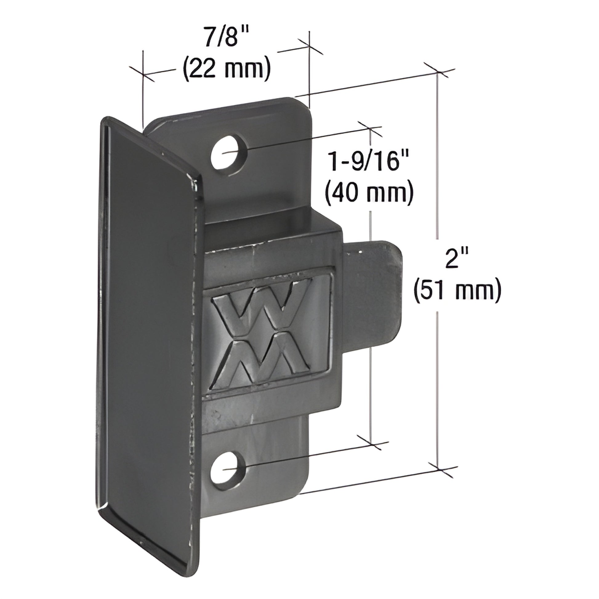 Black diecast metal spring-loaded pull latch (SKU F2611) for Window Master Series 216, 2" long, 7/8" wide.