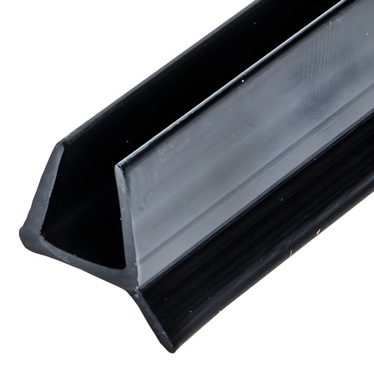 Black dual-durometer PVC snap-on door sweep/bi-fold seal (P880WSBL) with soft wipe lip and firmer base.