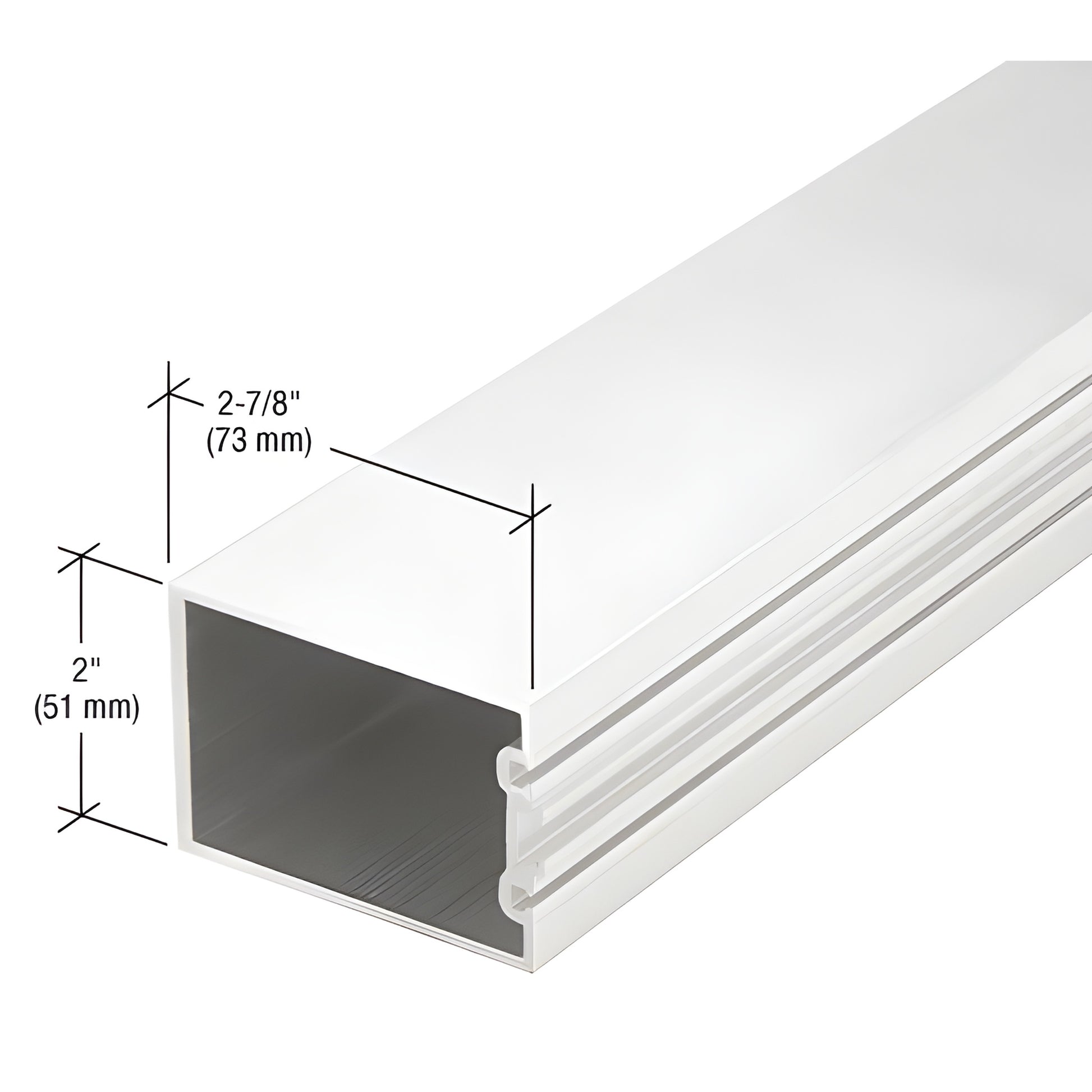 CW26052 white Kynar rectangular aluminum extrusion, hollow 2" x 2 7/8" (51 x 73 mm) with exterior grooves.