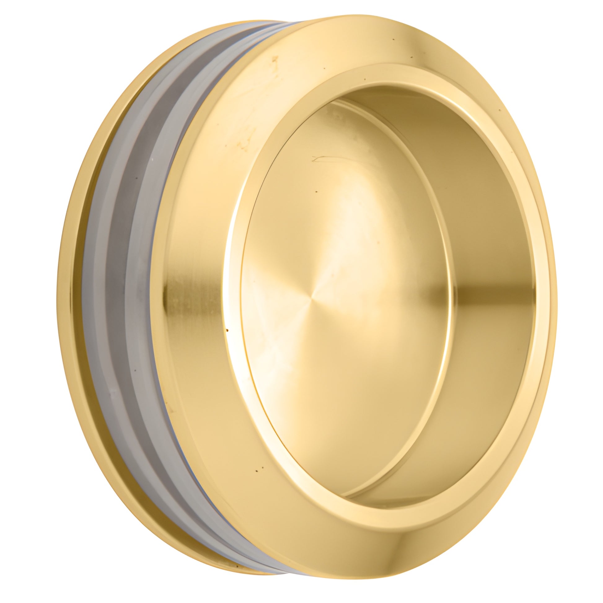 Satin brass CRL thru-glass pull SERNHP2SB with protective center plate, recessed round handle for 8-10 mm glass.