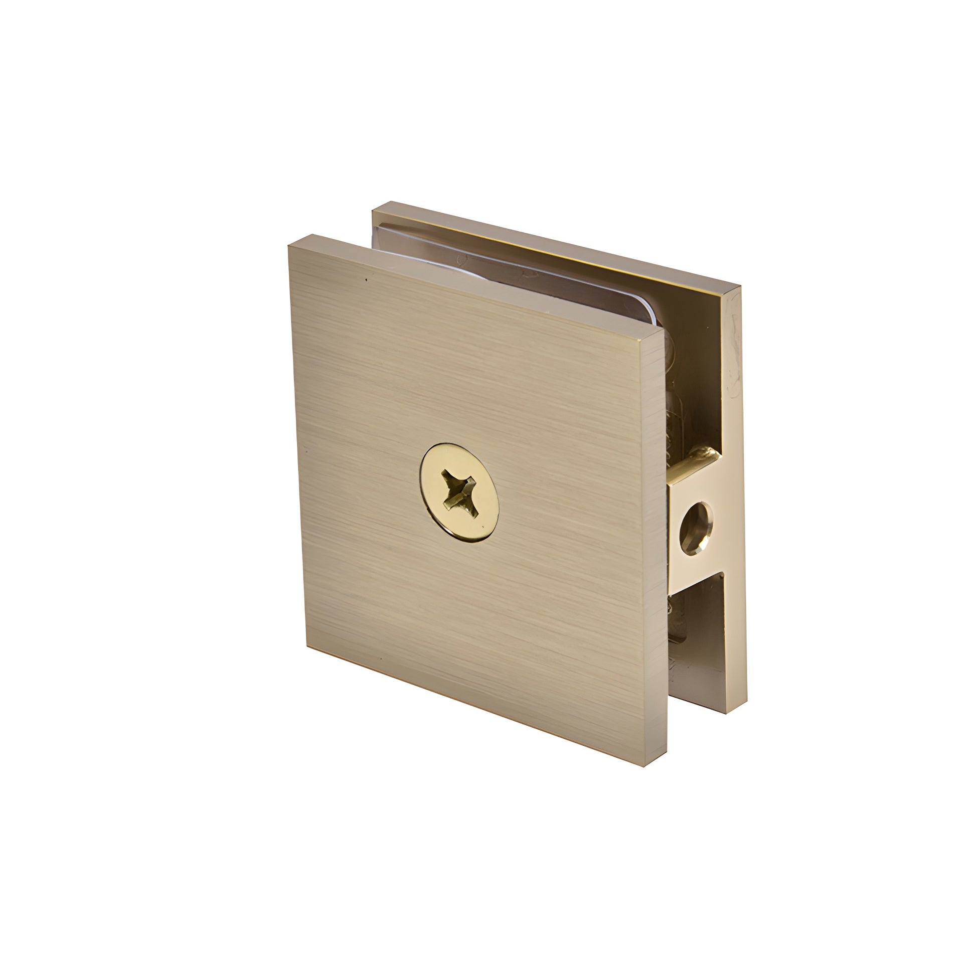 SCU4BBRZ square wall-mount hole-in-glass clamp, brushed bronze solid brass, for 10-12mm frameless glass panels.
