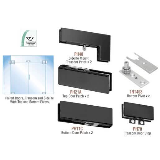 Matte Black European Patch Door Kit for Double Doors with Lock, Fixed Transom, and Sidelit