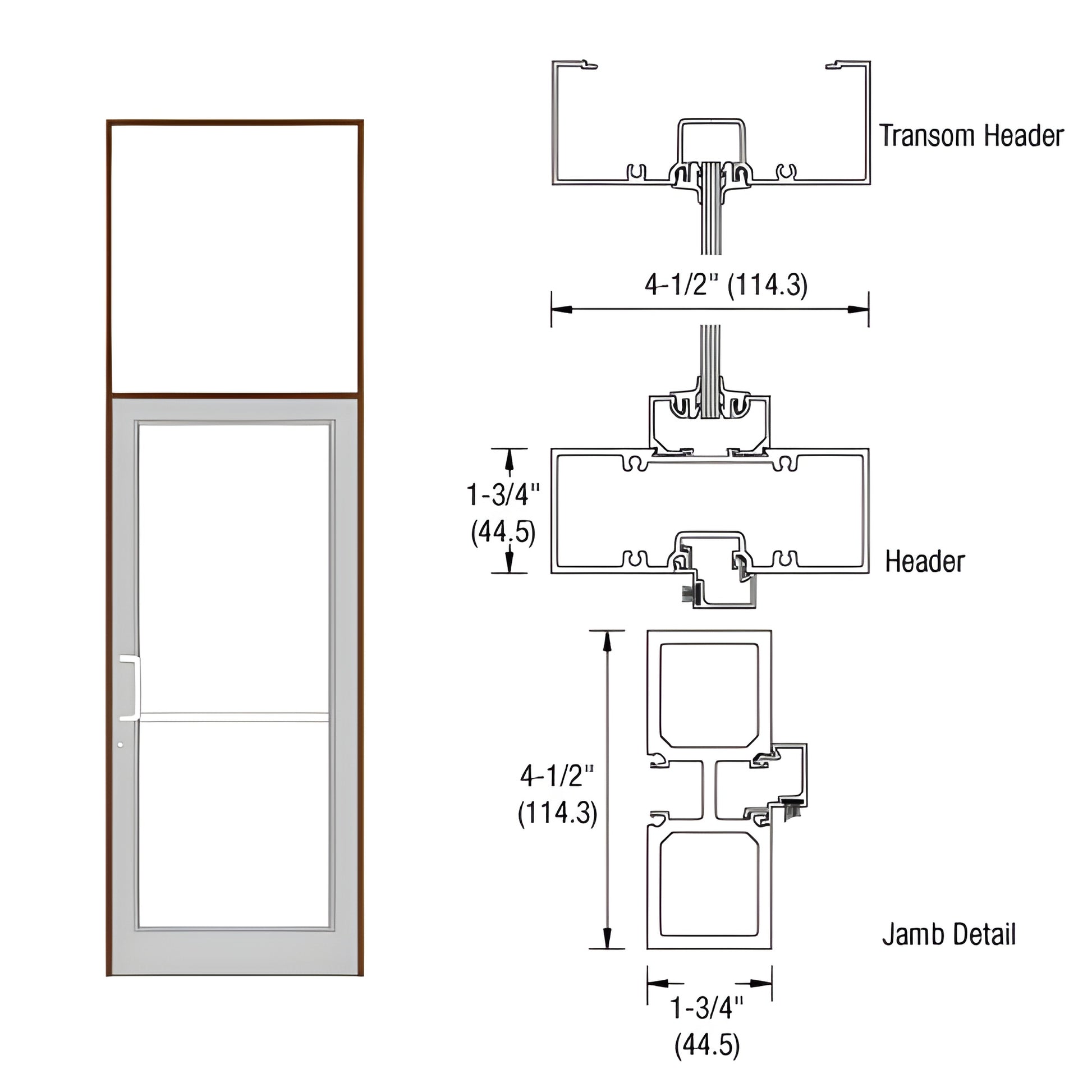FD31822 black bronze anodized aluminum transom frame with tubular jambs and threshold, fits 36x84 commercial door (diagram).