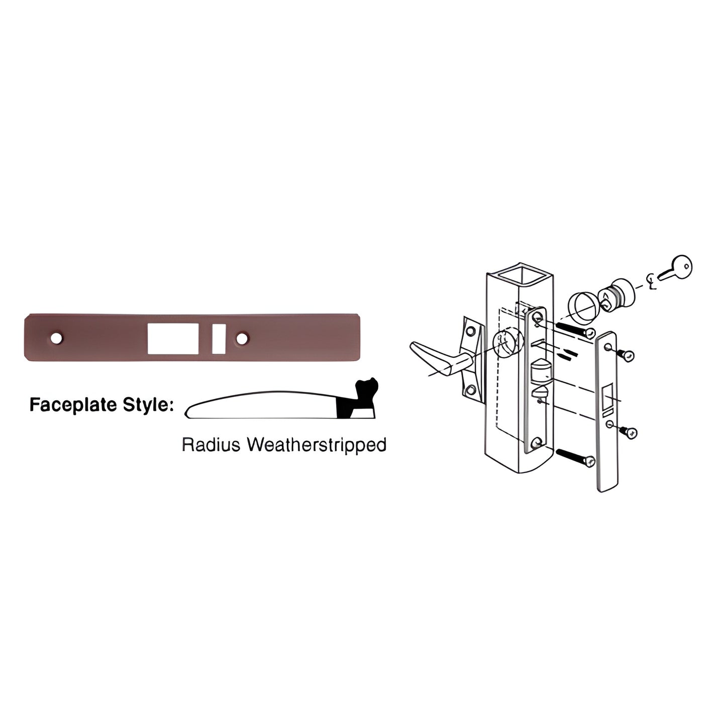 DL2143DU dark bronze radius weatherstripped faceplate 1 x 6-7/8 in for deadlatch, shown with installation diagram.