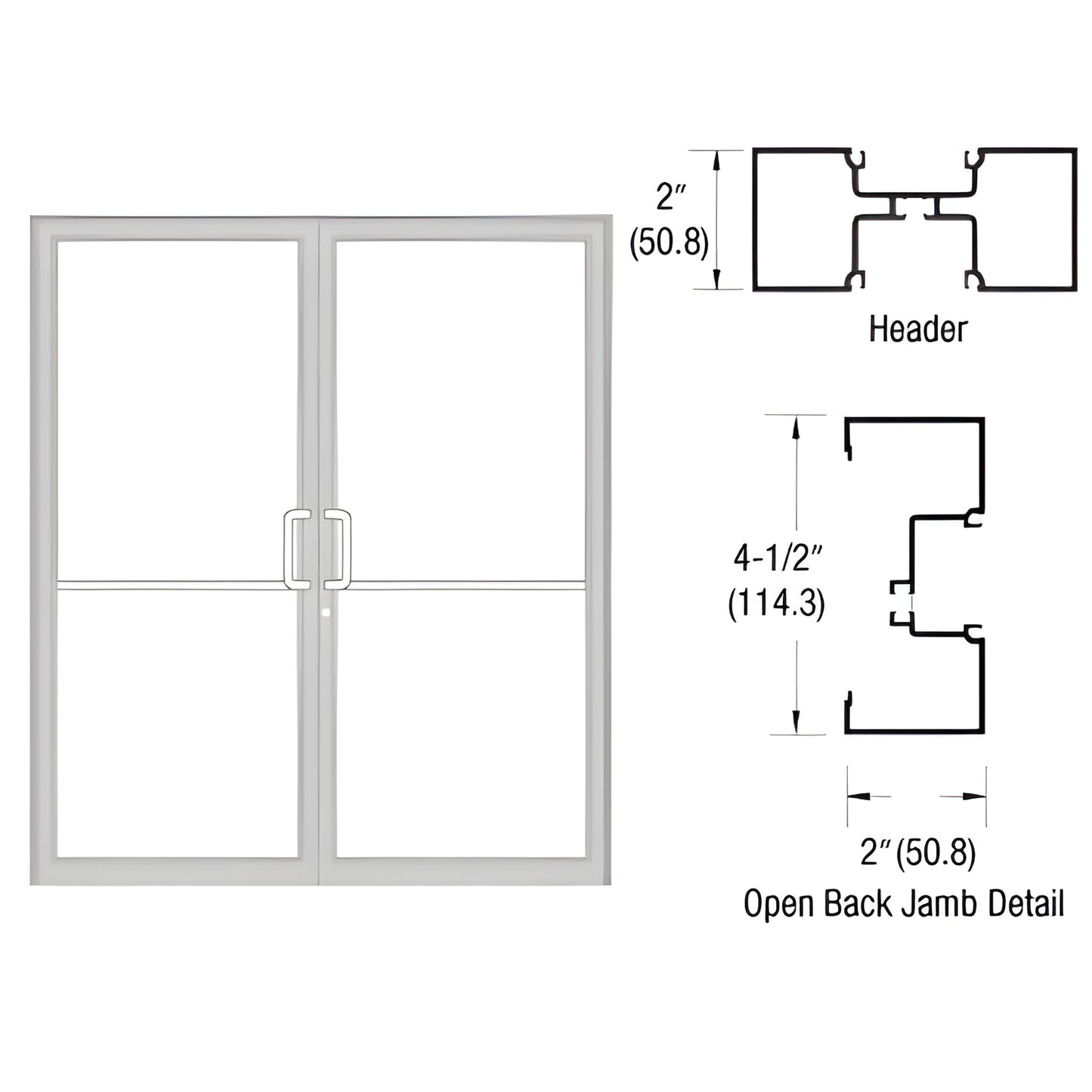 Clear anodized aluminum up-and-over double door frame with open-back jambs, 2" x 4-1/2" profile.