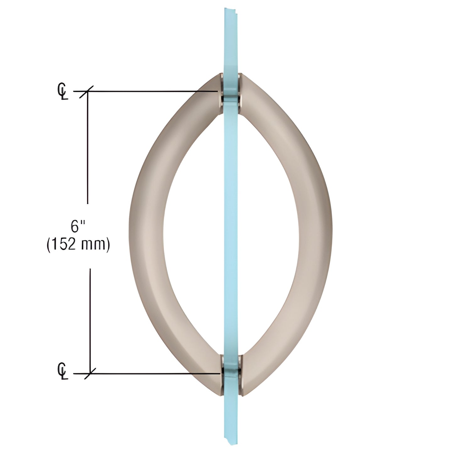 Brushed nickel Crescent brass tubular glass door pull, eyelet shape, 6" center-to-center, back-to-back mount.