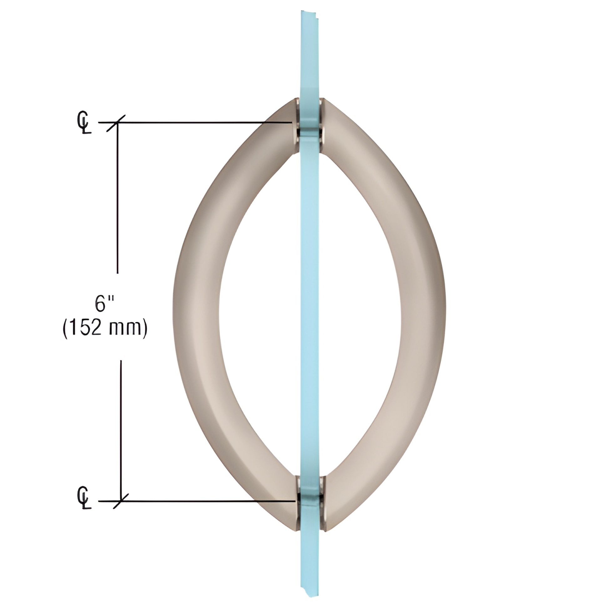 Brushed nickel Crescent brass tubular glass door pull, eyelet shape, 6" center-to-center, back-to-back mount.