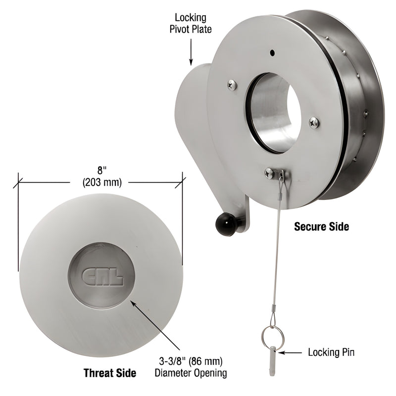 Stainless steel thru-glass gunport (SKU GPTG3), 8" faceplate, 3-3/8" opening, locking pivot plate and removable locking pin.