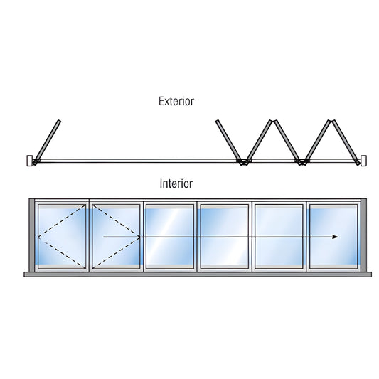 Monterey bi-folding glass wall system SKU M7C15F0SAL - 6-panel satin anodized aluminum exterior bi-fold, interior and folding