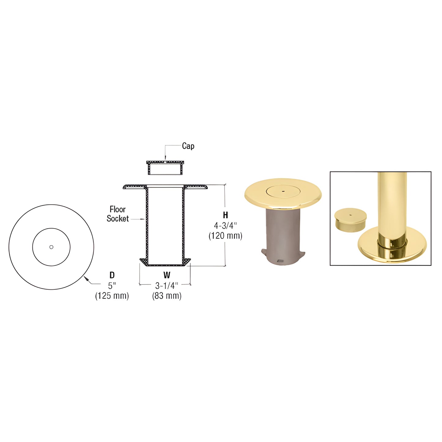 HR20FSPB polished brass floor socket with removable cap, 5" dia, 4-3/4" H, 3-1/4" internal width.