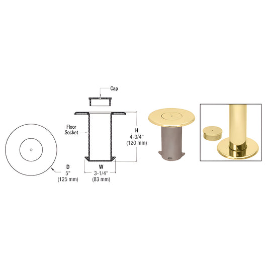 HR20FSPB polished brass floor socket with removable cap, 5" dia, 4-3/4" H, 3-1/4" internal width.