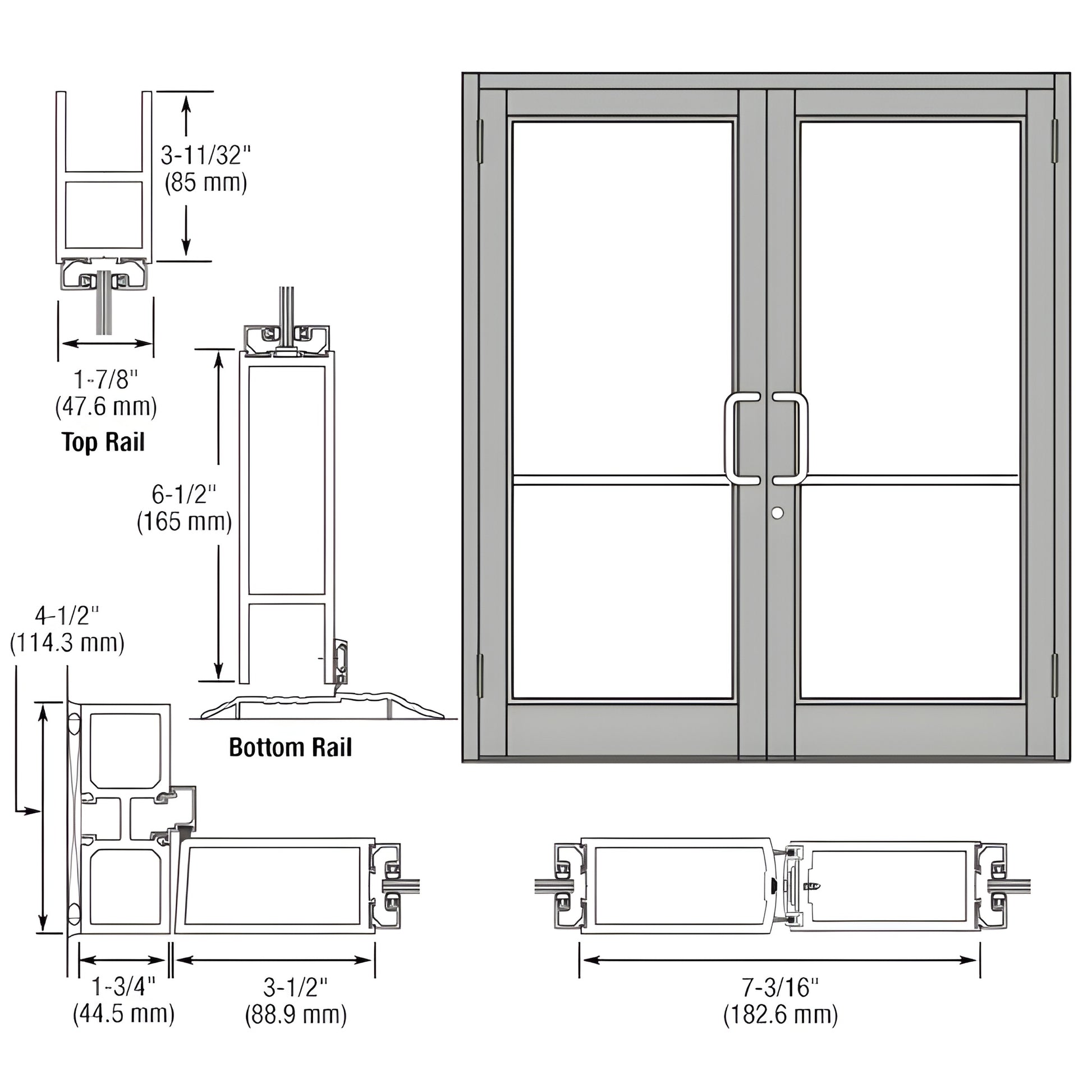 Durafront MS commercial double entrance door DC82511, clear anodized aluminum, glass panels, butt-hinge and hardware-ready.