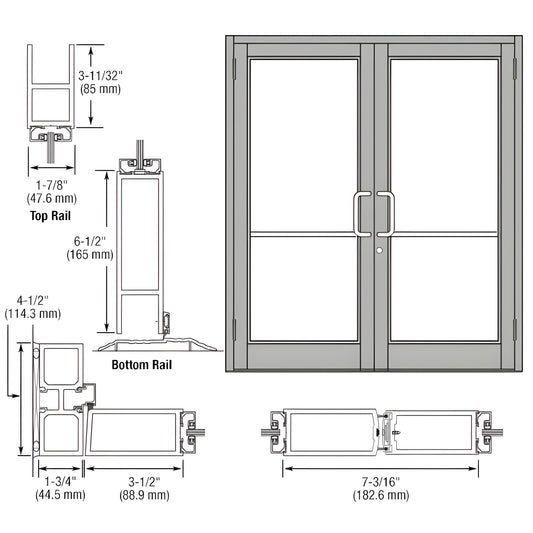 Durafront MS commercial double entrance door DC82511, clear anodized aluminum, glass panels, butt-hinge and hardware-ready.