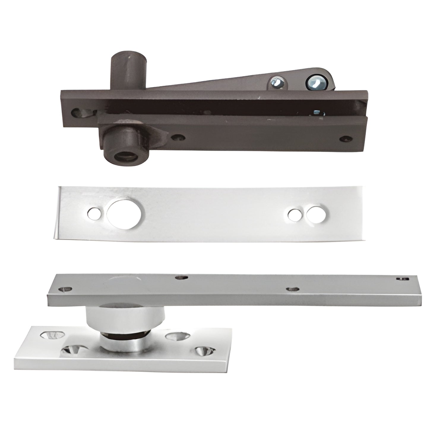 Rixson 370SC center-hung floor pivot set, satin chrome aluminum parts for double-acting doors, up to 500 lb capacity.