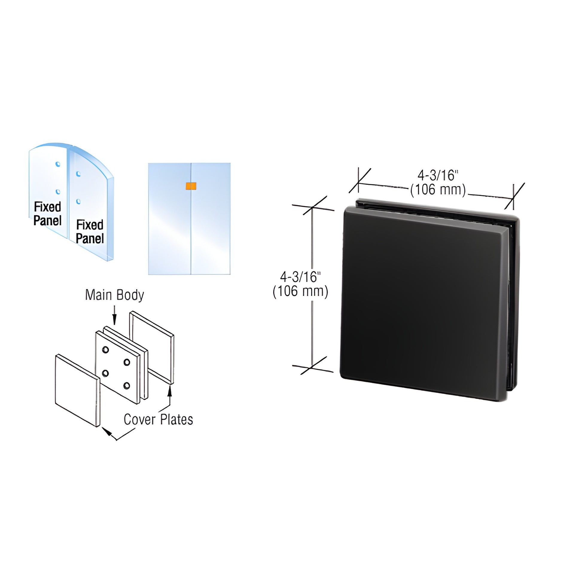 Matte black PH80MBL glass patch connector for 3/8" or 1/2" panels, 4 3/16" (106 mm) square, cover plates shown.