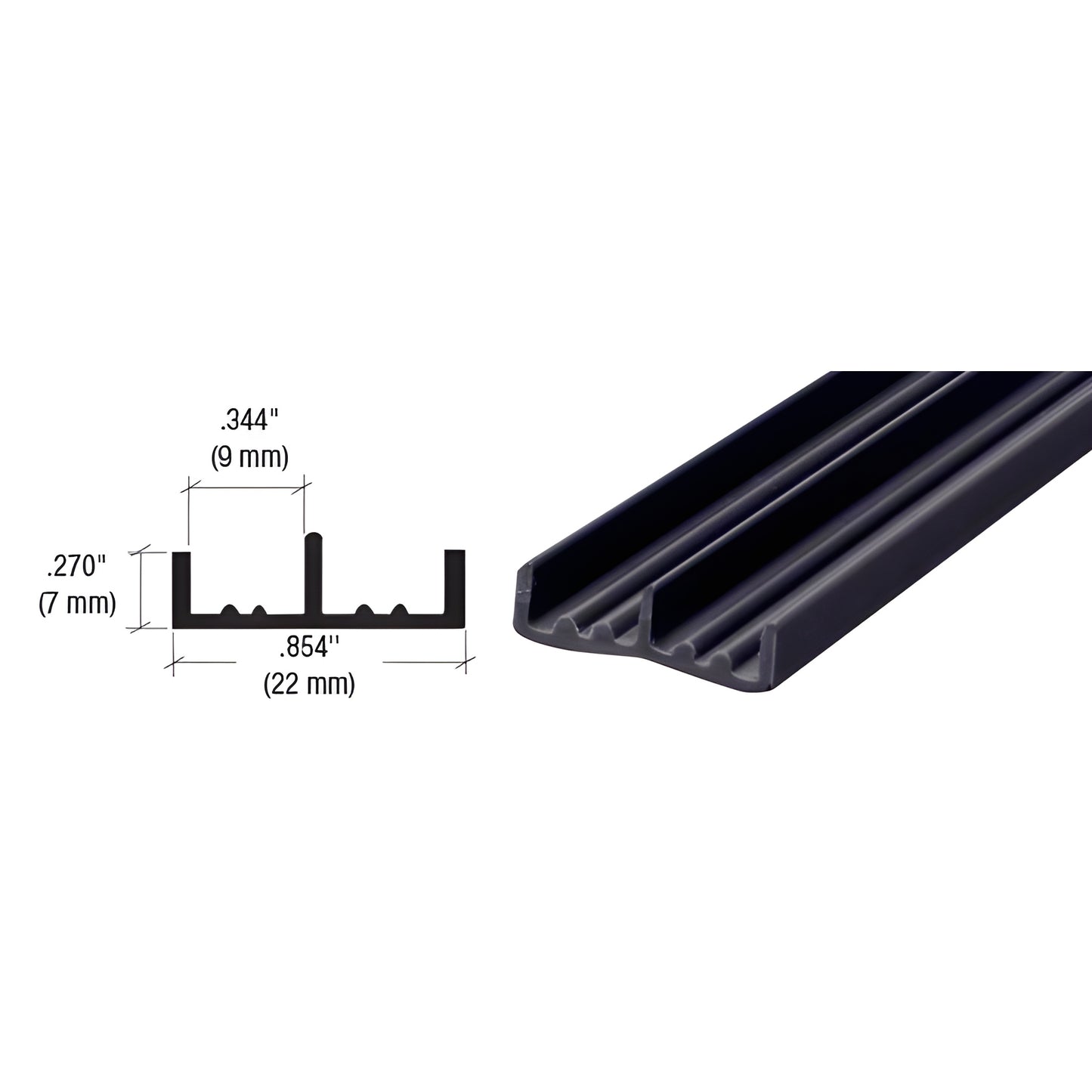 D702BL black PVC lower track for 1/4" (6 mm) sliding panels, extruded profile with dual channels, 144" length.