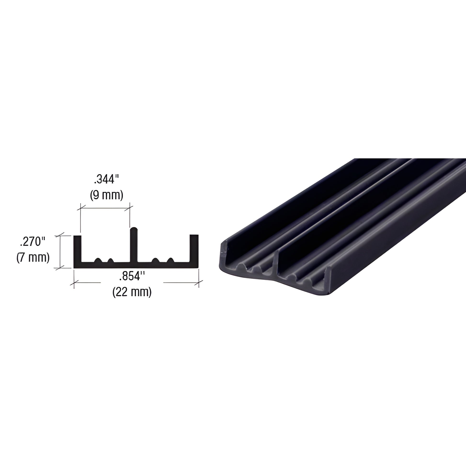 D702BL black PVC lower track for 1/4" (6 mm) sliding panels, extruded profile with dual channels, 144" length.