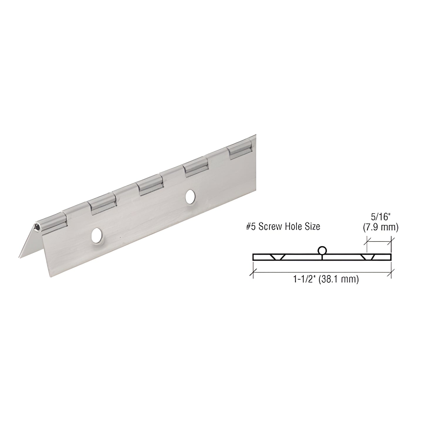 CRL nickel-plated steel piano hinge, 72 in long, 1-1/2 in wide, countersunk holes - SKU 2416NS