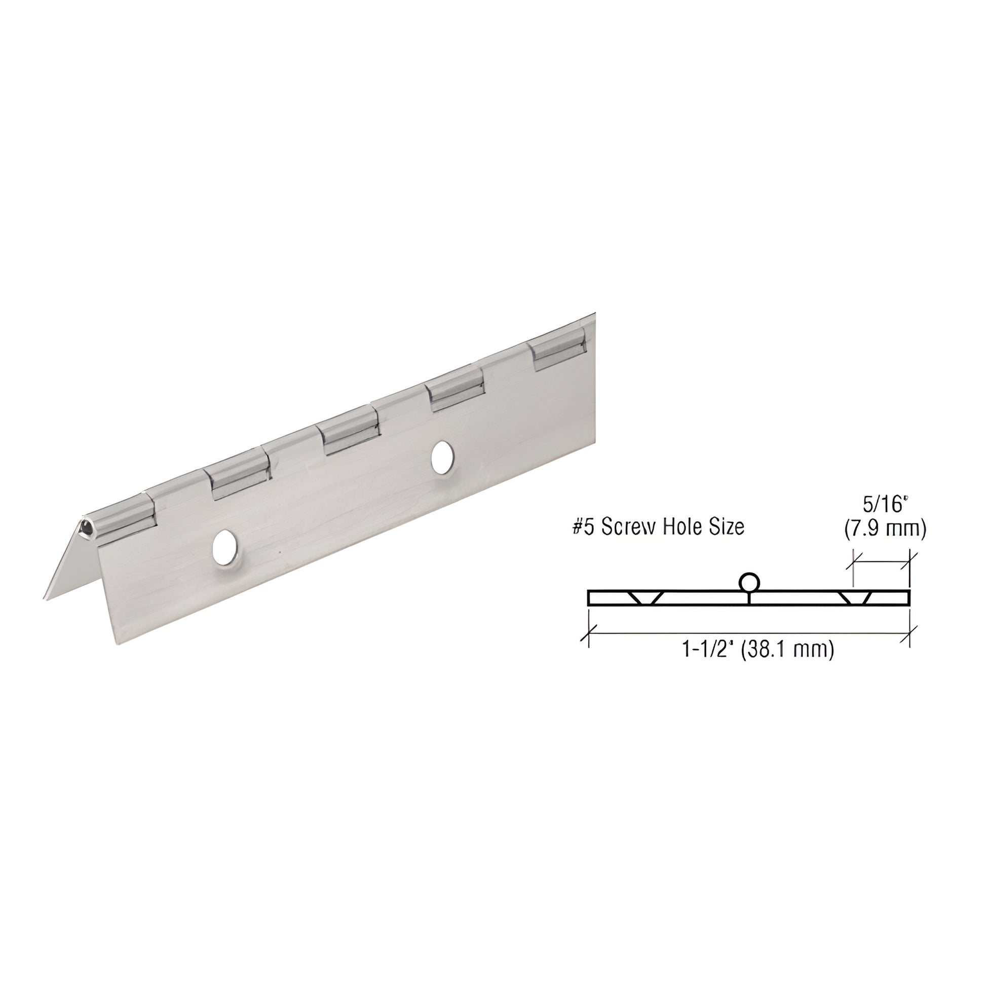 CRL nickel-plated steel piano hinge, 72 in long, 1-1/2 in wide, countersunk holes - SKU 2416NS