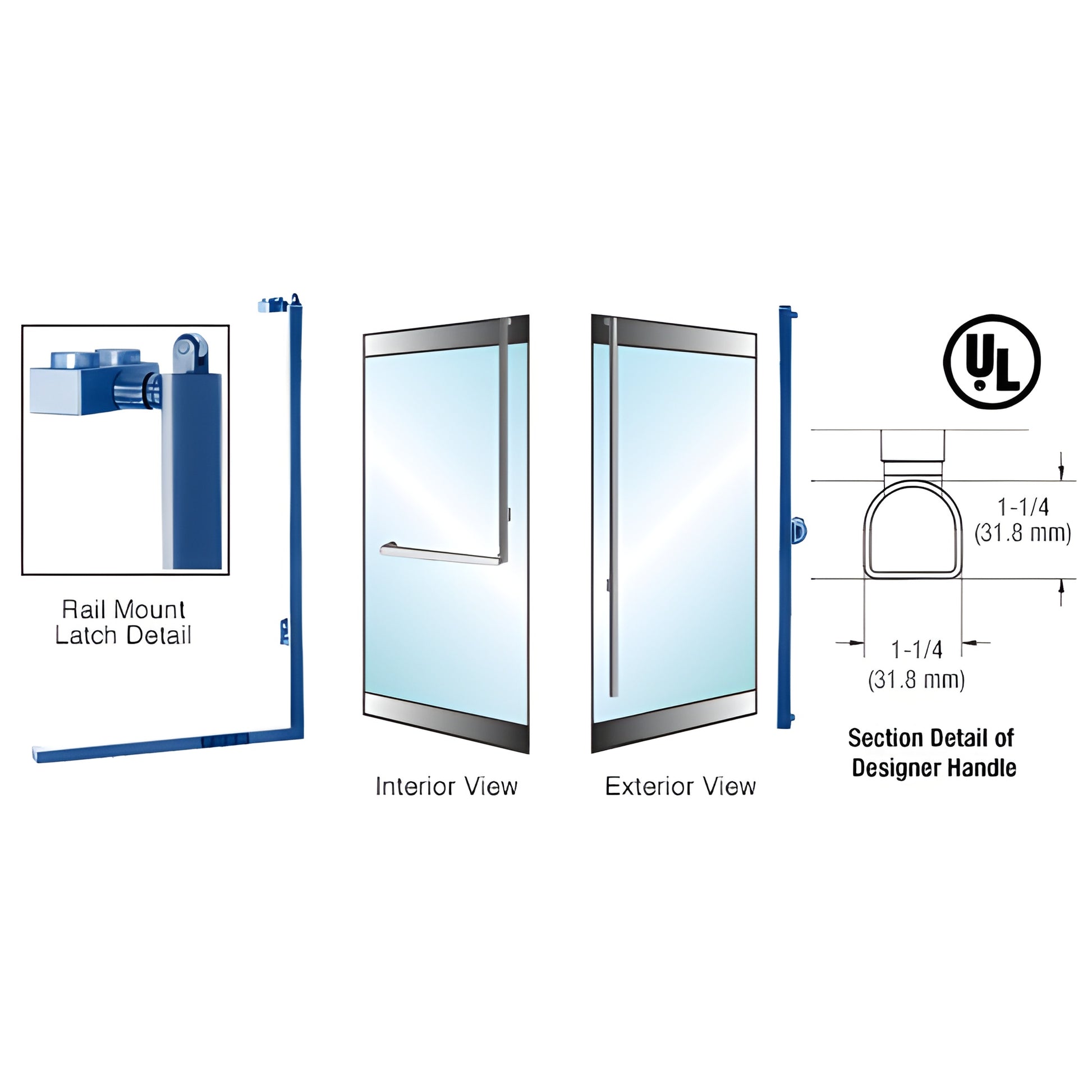 PA100 rail-mount panic handle for 1/2" glass, 1-1/4" D-shape stainless tubular design with exterior keyed access. SKU DPA100F