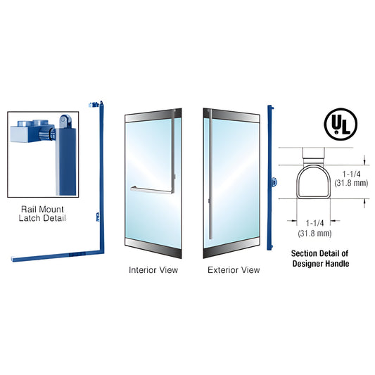 PA100 rail-mount panic handle for 1/2" glass, 1-1/4" D-shape stainless tubular design with exterior keyed access. SKU DPA100F