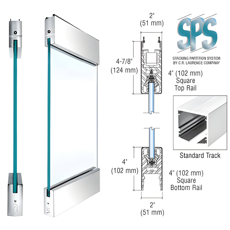 CRL S412S1PS 4 in polished stainless steel square top and bottom rails for 1/2 in (12mm) tempered glass doors