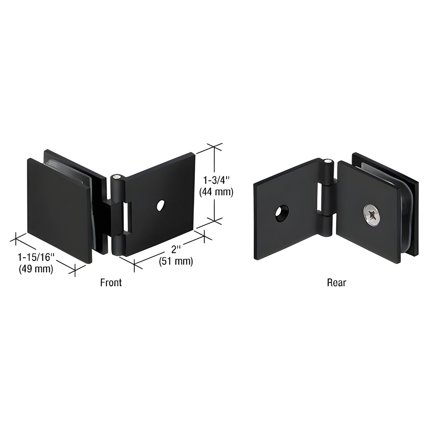 Matte black adjustable glass-to-wall clamp hinge for 8-12mm glass, wall mount (SKU ADJSQ037MBL)