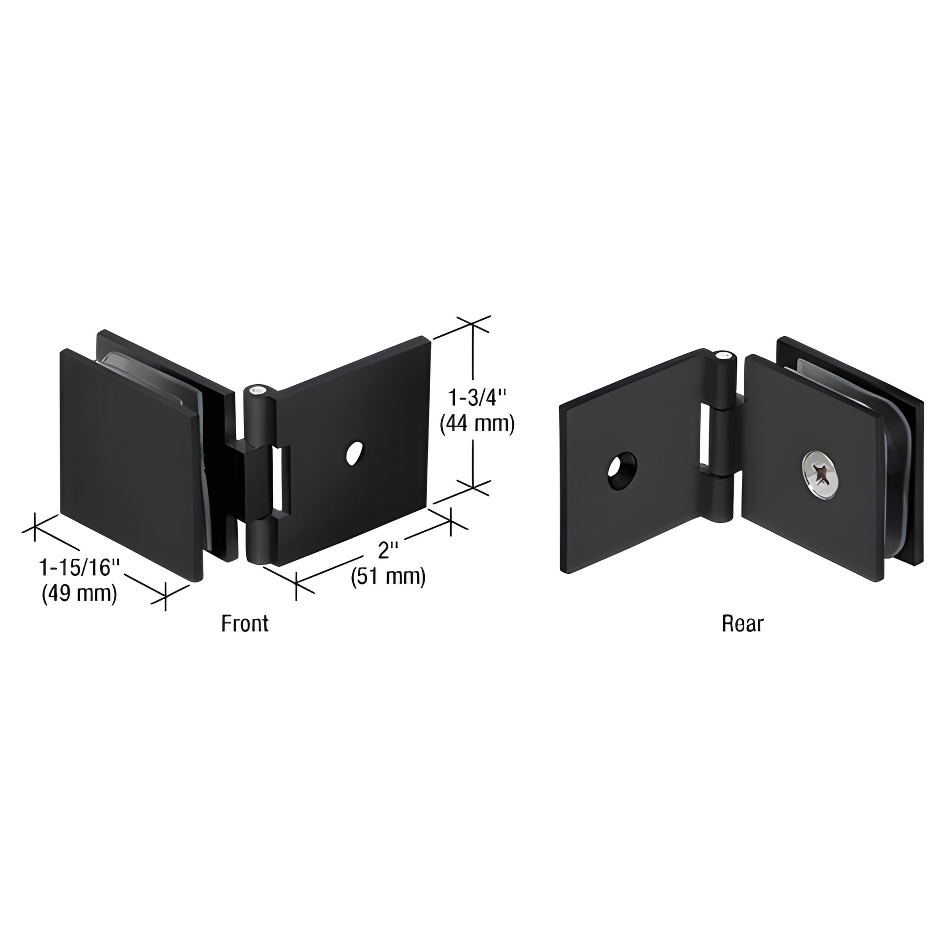 Matte black adjustable glass-to-wall clamp hinge for 8-12mm glass, wall mount (SKU ADJSQ037MBL)