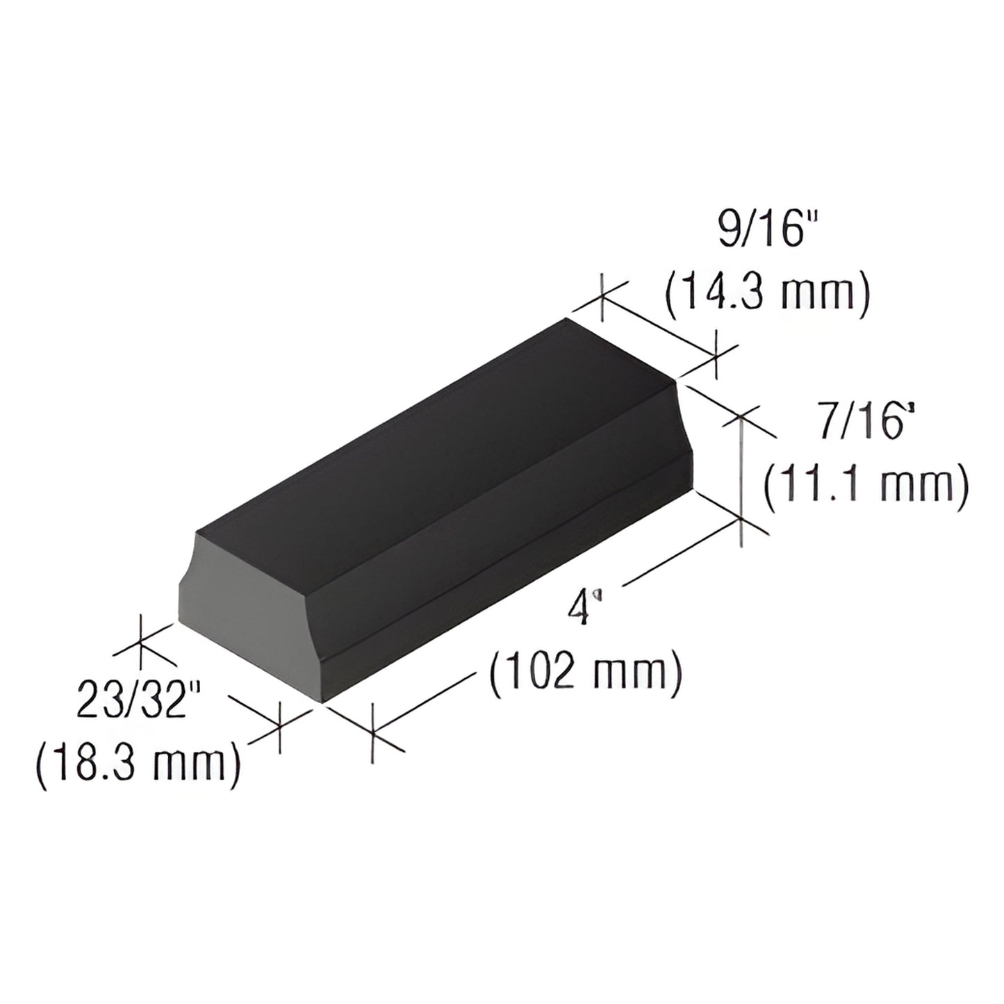 SB514 black vinyl glass setting block, 4" x 23/32" x 9/16" (102mm x 18.3mm x 14.3mm)