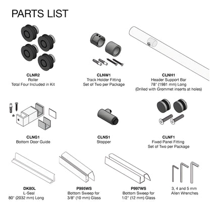 Colonia 78" premium sliding glass shower door with polished stainless steel header and round top rollers. SKU CLN78PS