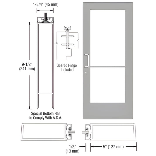 Clear anodized wide-stile commercial entrance door DE51811, 5" stiles, ADA 9-1/2" bottom rail, geared hinge; glass not includ