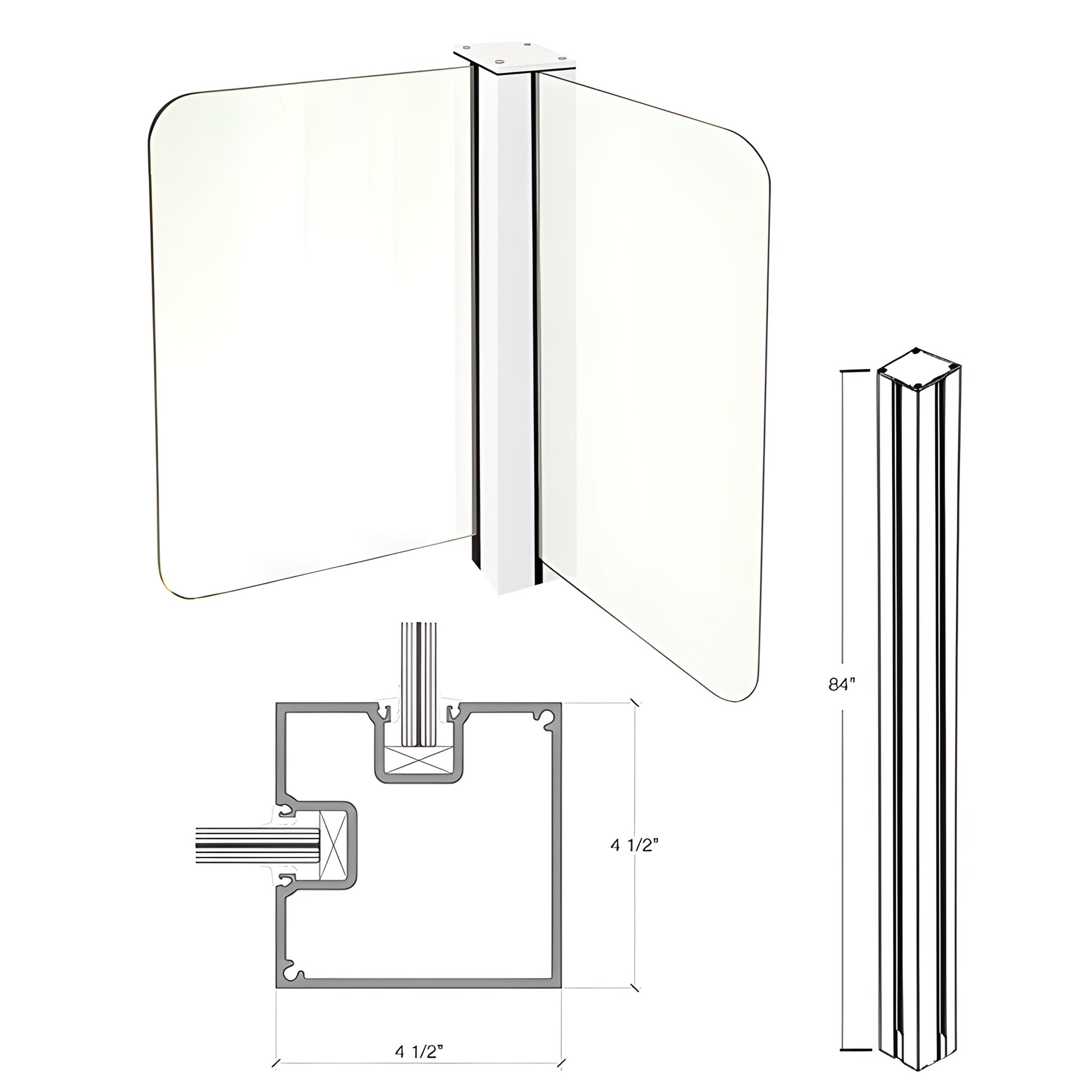 Sky White Cielo aluminum glass post (SKU C84CRKW), 84 in tall, 3-1/4 in front trim, 41 2 in depth for frameless glass