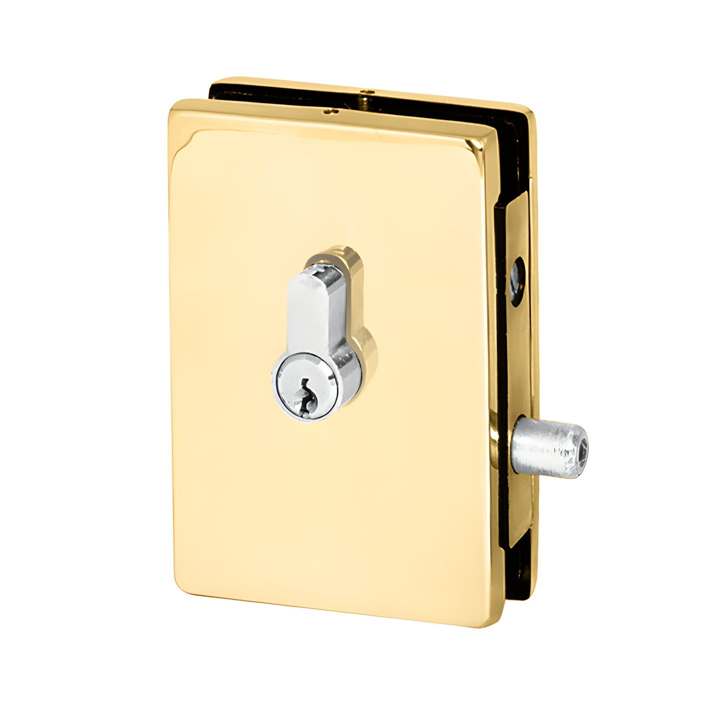 Polished brass glass-mounted patch lock EUR681BR with cylinder, for 3/8-1/2" frameless glass doors.
