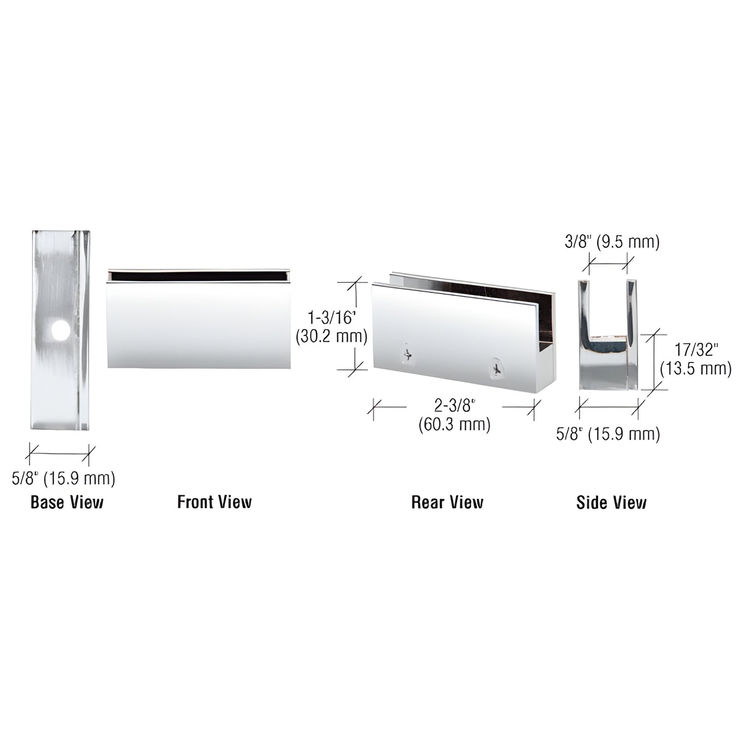 EH10 polished chrome low profile brass glass clamp, no drill, fits 1/4-5/16" (6-8mm) glass, 2-3/8" 5/8" 1-3/16"
