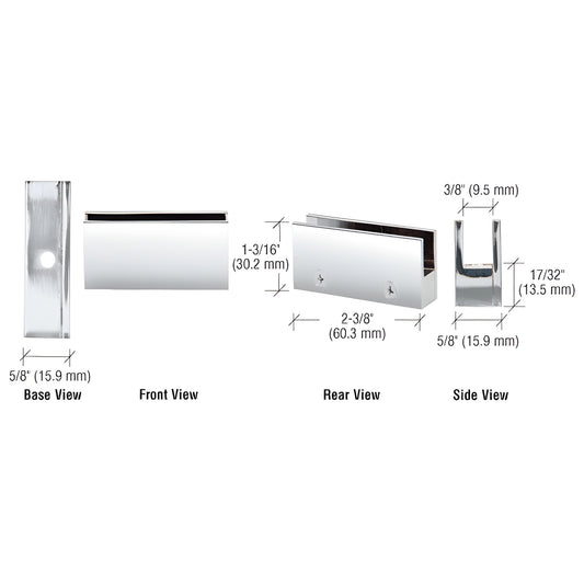 EH10 polished chrome low profile brass glass clamp, no drill, fits 1/4-5/16" (6-8mm) glass, 2-3/8" 5/8" 1-3/16"