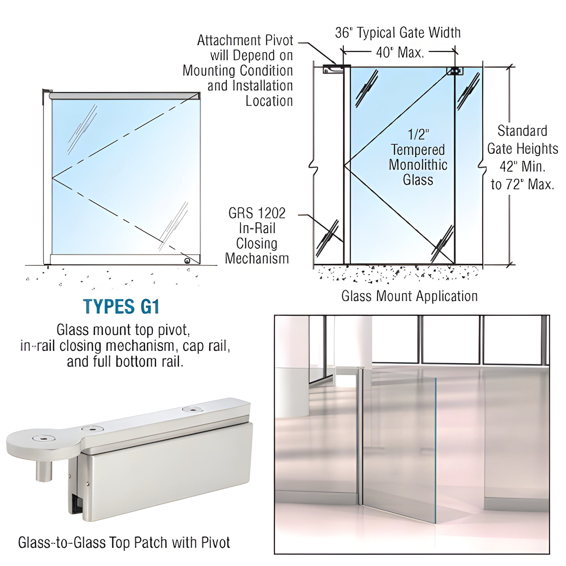 Brushed stainless swinging glass gate with concealed in-rail closer and pivot; fits 3/8-1/2" glass up to 40" wide.