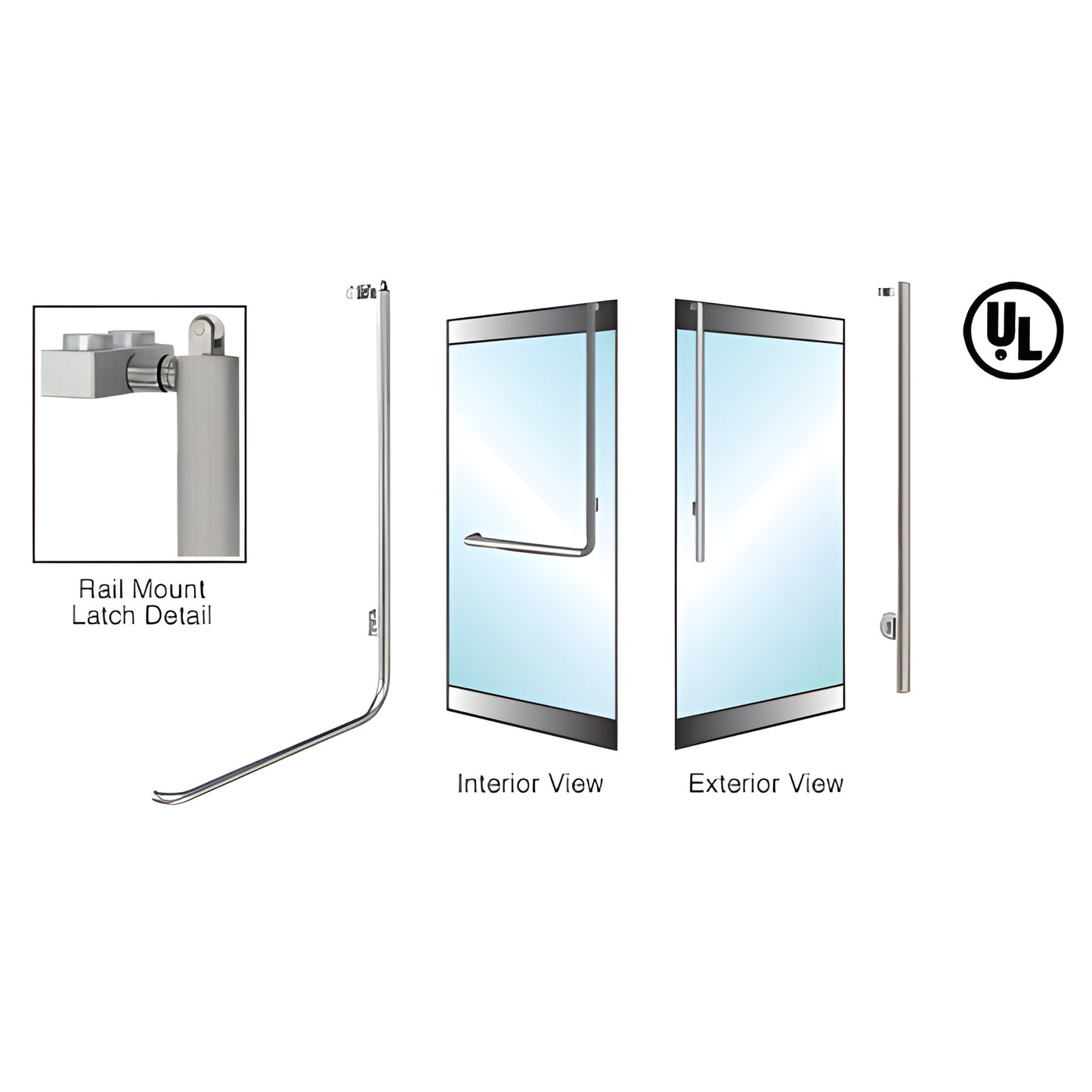 Brushed stainless tubular rail-mount glass door handle (1-1/4") for panic/deadbolt, right-hand reverse - SKU 5P100JS3RKBS