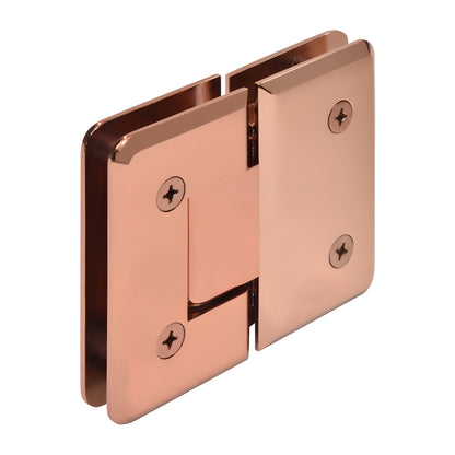 Rose-gold brass 180 glass-to-glass beveled shower hinge, fits 3/8-1/2" tempered glass.