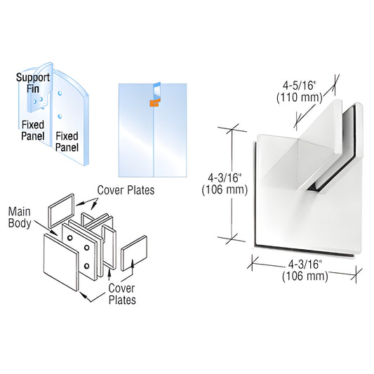 PH81PS polished stainless steel patch connector with support fin for 3/8" or 1/2" (10/12 mm) tempered glass