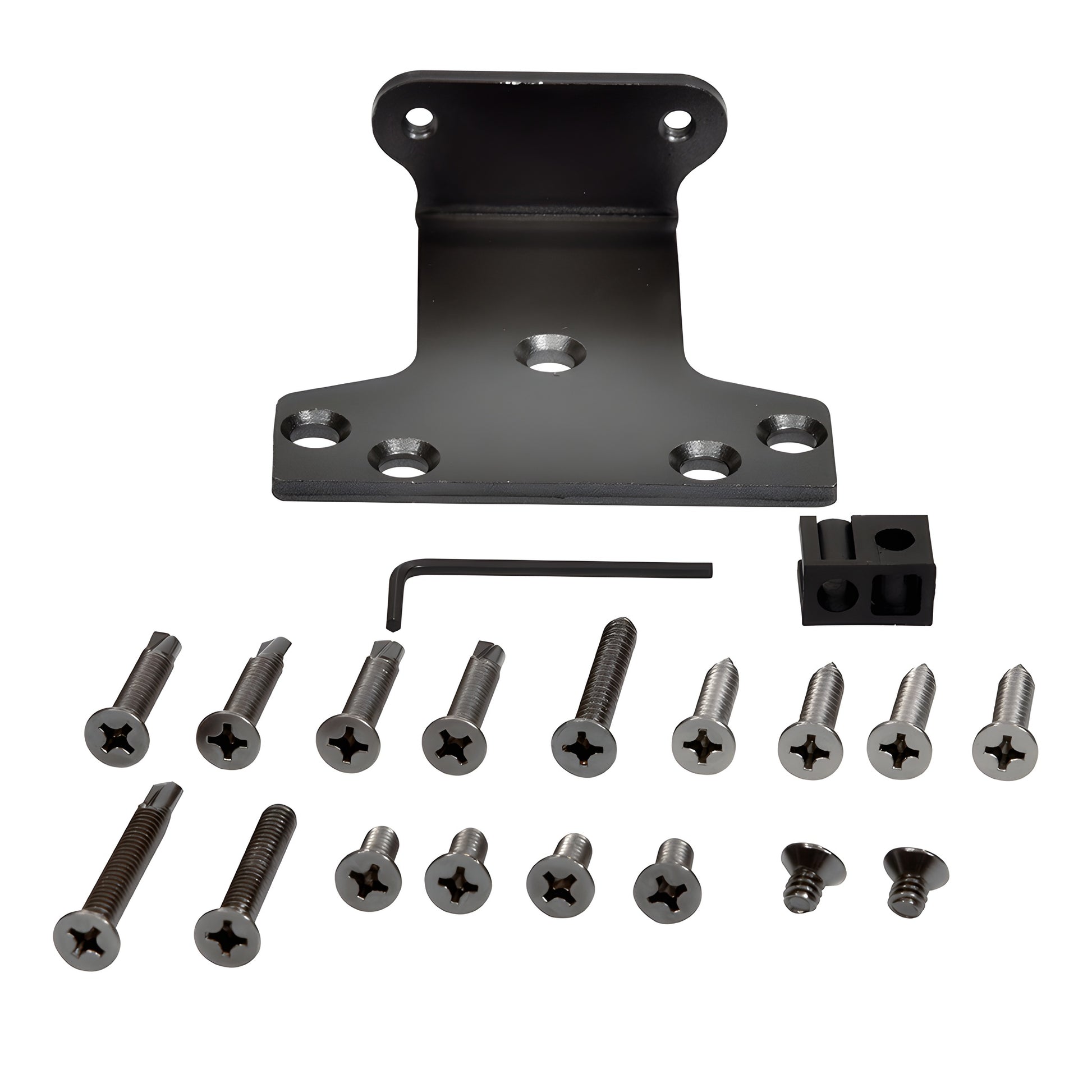 Black PR90PABBL mounting bracket kit with screws, hex key and small block - surface door closer accessory for regular arms