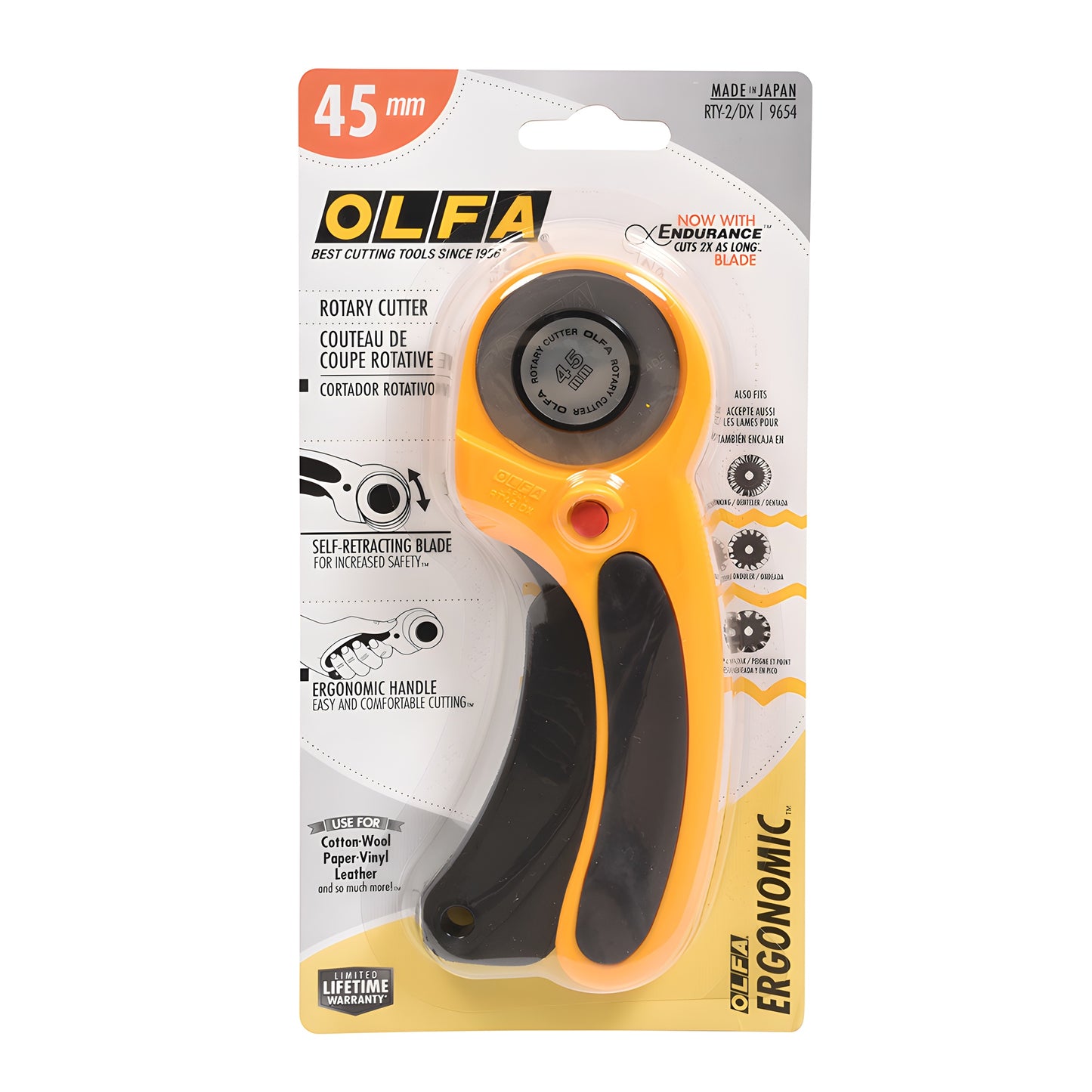 Olfa RT45 45mm ergonomic rotary cutter, orange/black handle, anti-slip grip, self-retracting blade