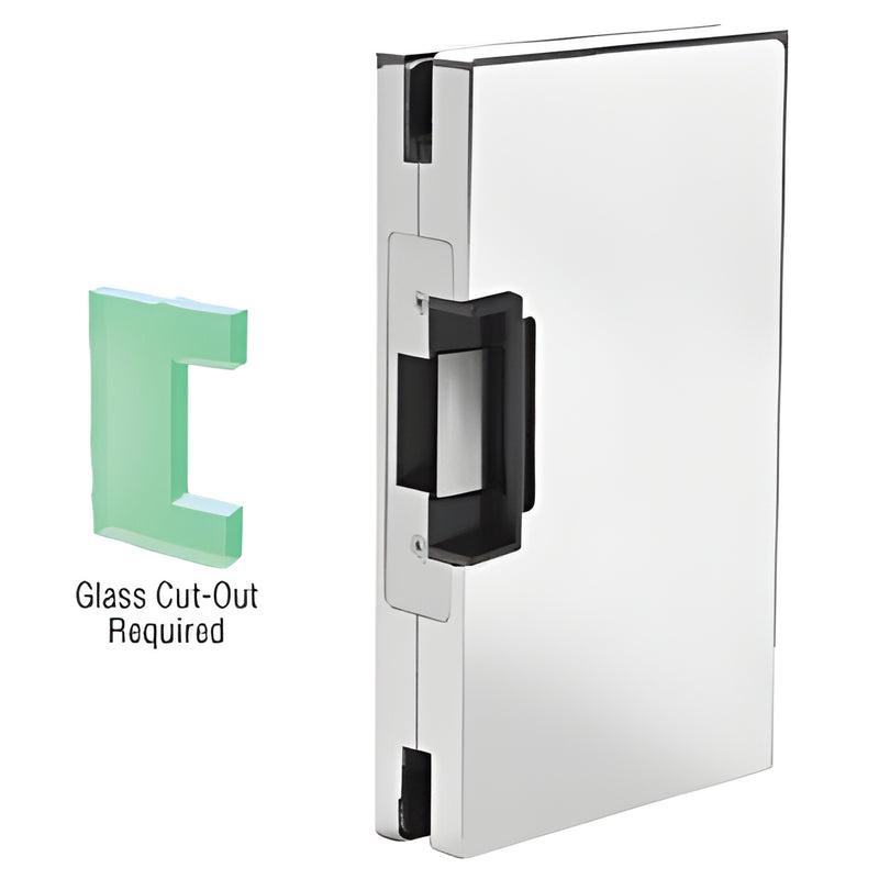 DLER610PS polished stainless steel center lock glass keeper with recessed electric strike, 10in x 6in, glass cut-out required
