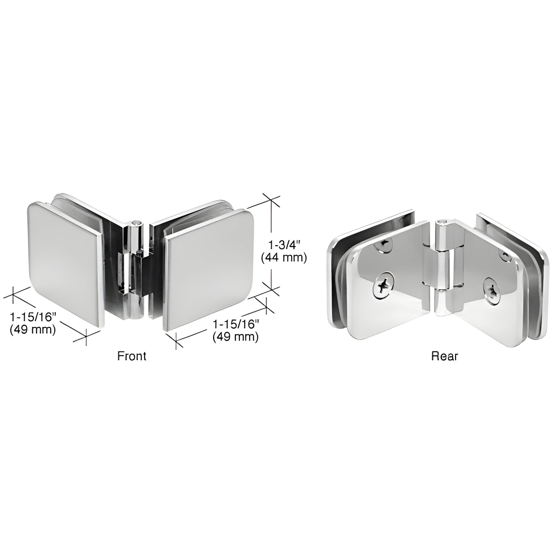 Polished chrome adjustable glass to glass clamp hinge (ADJ180CH) for 8-12mm tempered glass, fits 90 -180 angles.