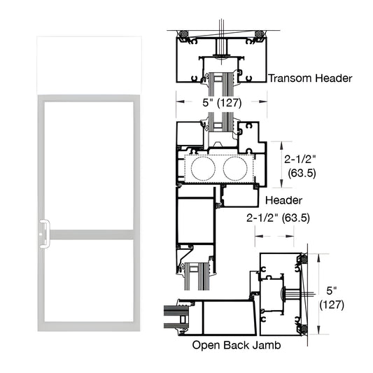 White Kynar transom door frame SKU 0P91952-sample hinged impact door at left and detailed cross section drawings at right.