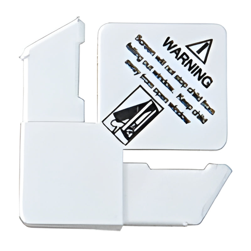 White plastic square screen frame corner (5/16 in) with printed child warning lift tab, SKU PL4W.