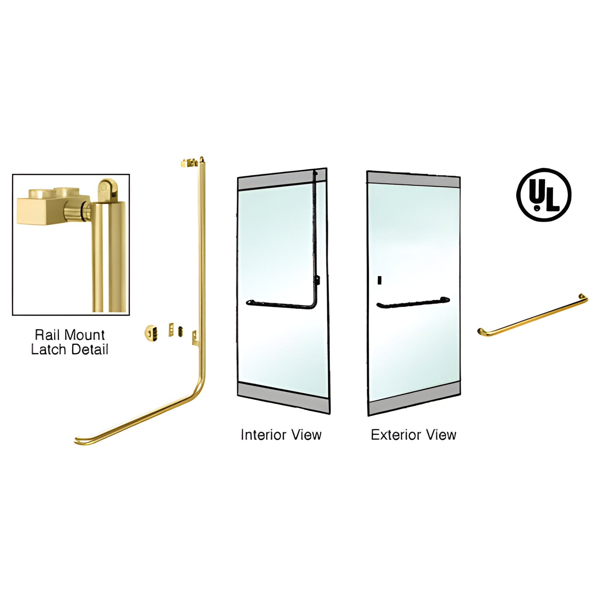 PA100 satin-brass tubular panic rail-mount handle for 1/2" glass doors, 1-1/4" dia, right-hand reverse