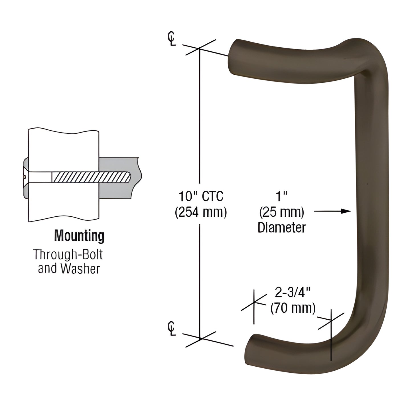 CD10DU dark bronze tubular offset single-sided door pull, 1 in dia, 10 in center-to-center, 2-3/4 in projection.
